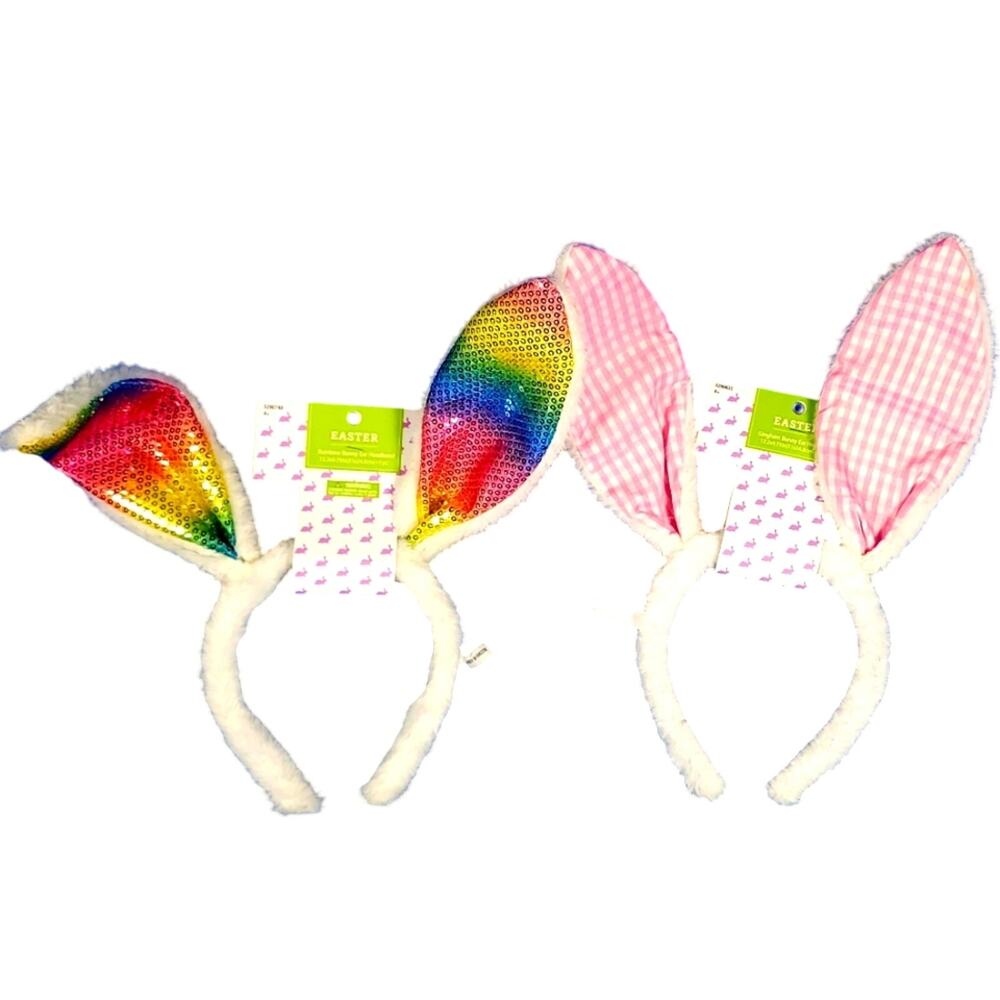 2 Bunny Ear Headbands – NWT – Rainbow Sequins & Pink Gingham